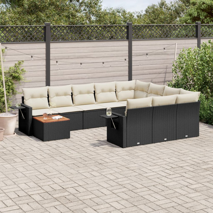 Set Canapele De Grădină Cu Perne, 11 Piese, Negru, Poliratan