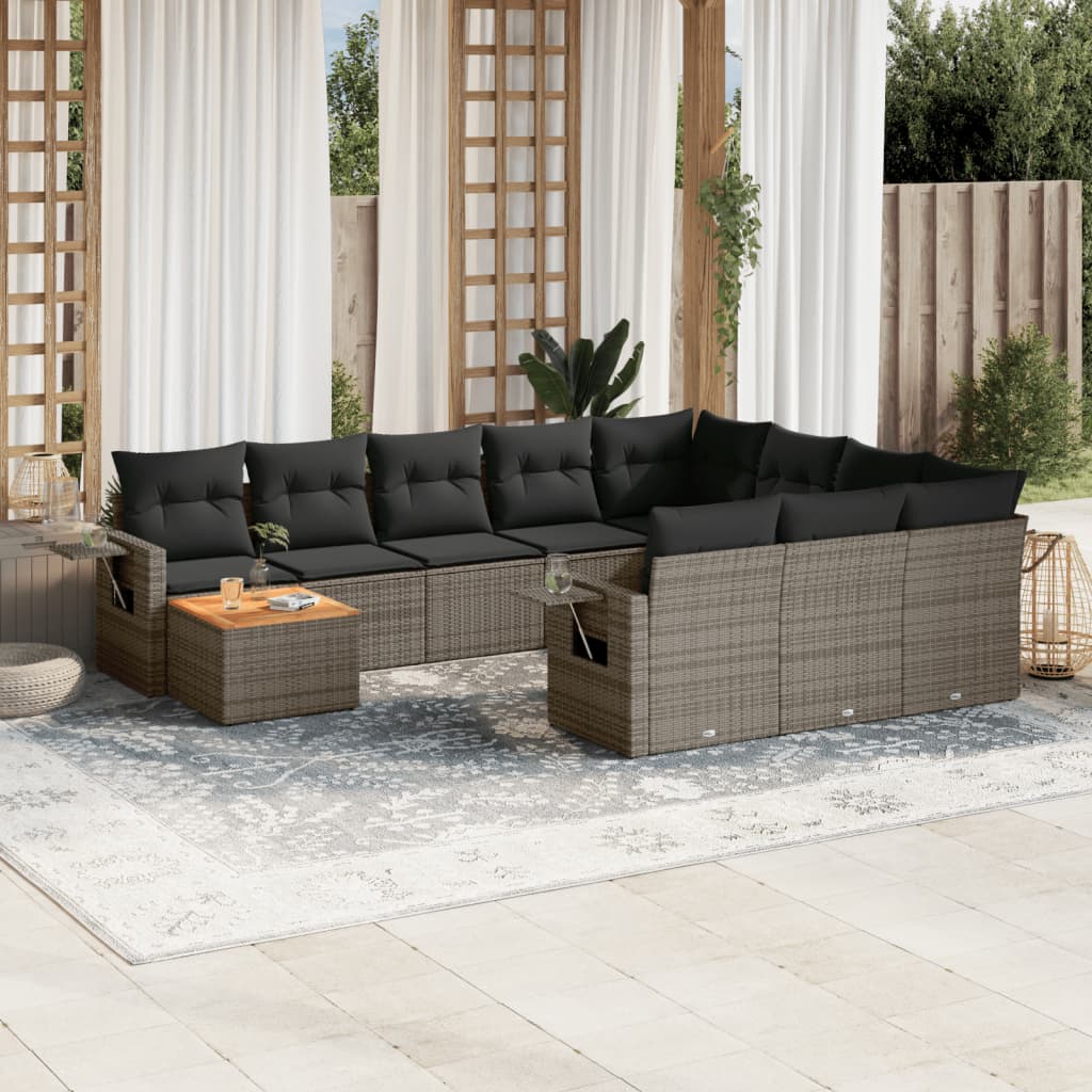 Set Canapele De Grădină Cu Perne, 11 Piese, Negru, Poliratan