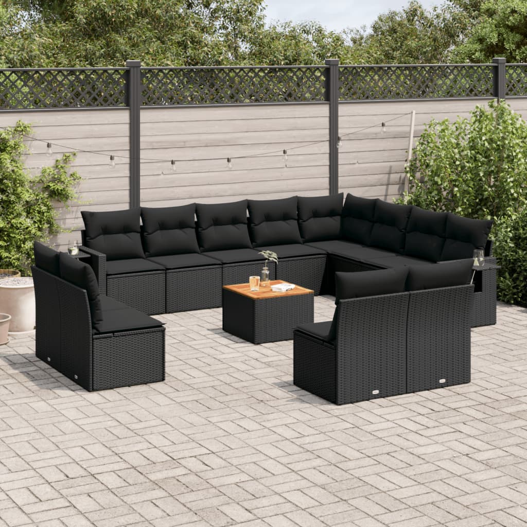 Set Mobilier De Grădină Cu Perne, 13 Piese, Negru, Poliratan