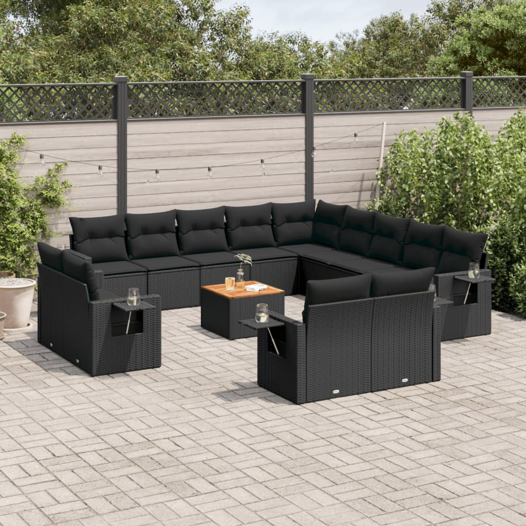 Set Mobilier De Grădină Cu Perne, 14 Piese, Negru, Poliratan