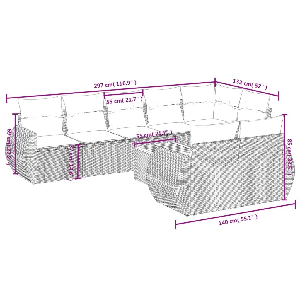 Set Mobilier De Grădină Cu Perne, 9 Piese, , Poliratan