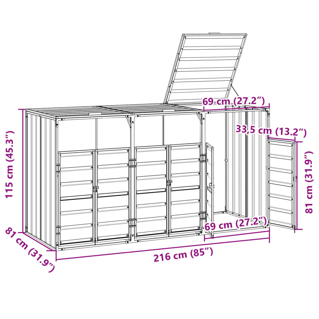 Depozit Pubele Cu Roți Triple, , 216X81X115 Cm, Oțel