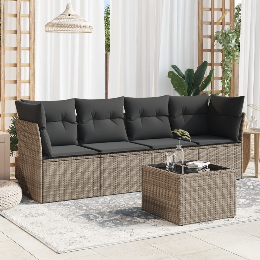 Set Canapele De Grădină Cu Perne, 5 Piese, Maro, Poliratan