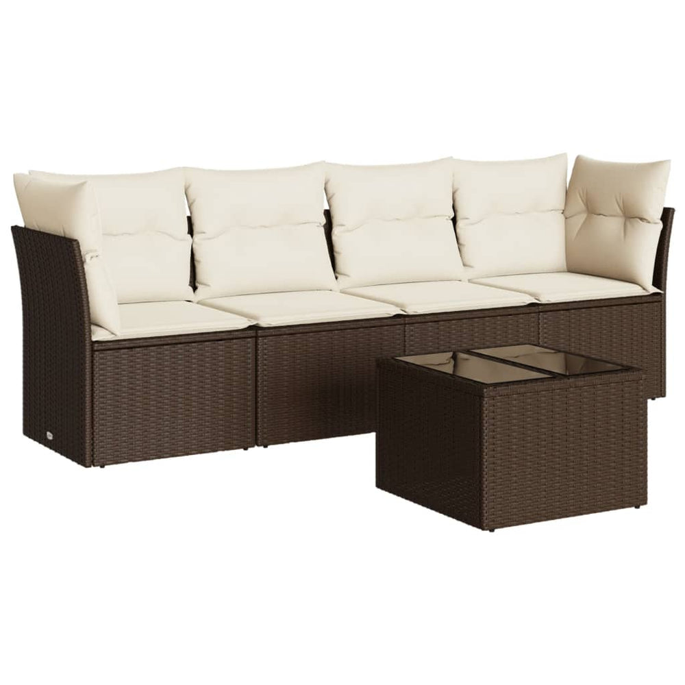 Set Canapele De Grădină Cu Perne, 5 Piese, Maro, Poliratan
