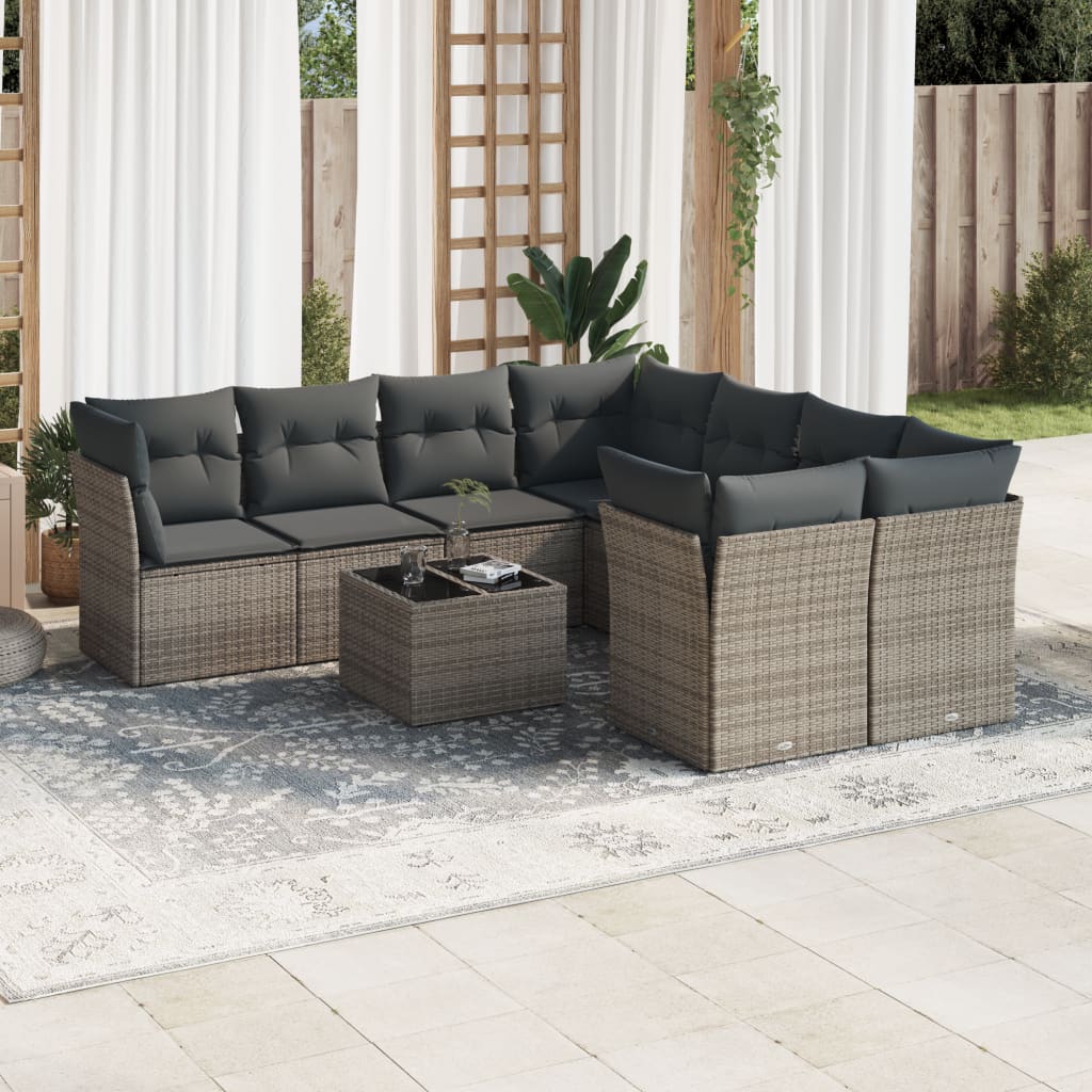Set Mobilier De Grădină Cu Perne, 9 Piese, Negru, Poliratan
