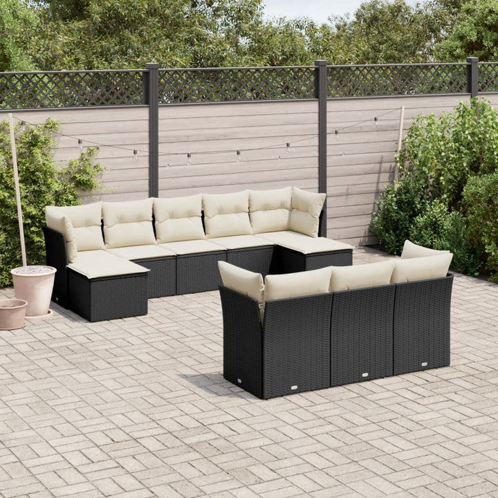 Set Canapele De Grădină Cu Perne, 11 Piese, Negru, Poliratan
