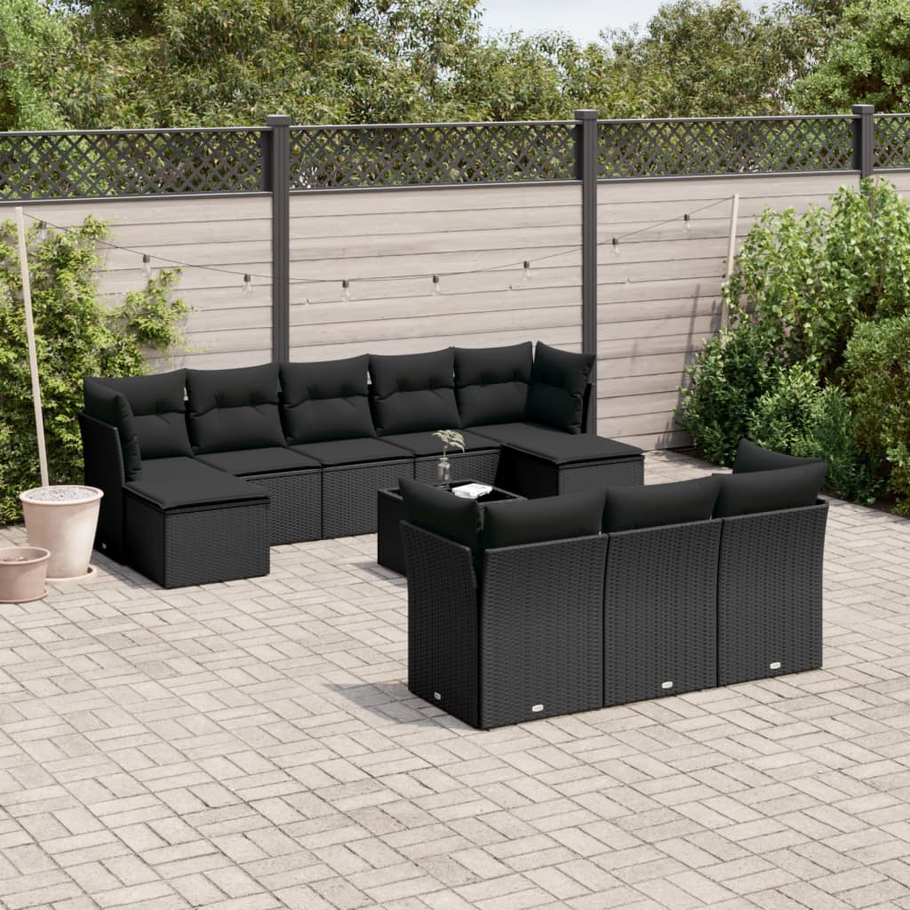 Set Canapele De Grădină Cu Perne, 11 Piese, Negru, Poliratan