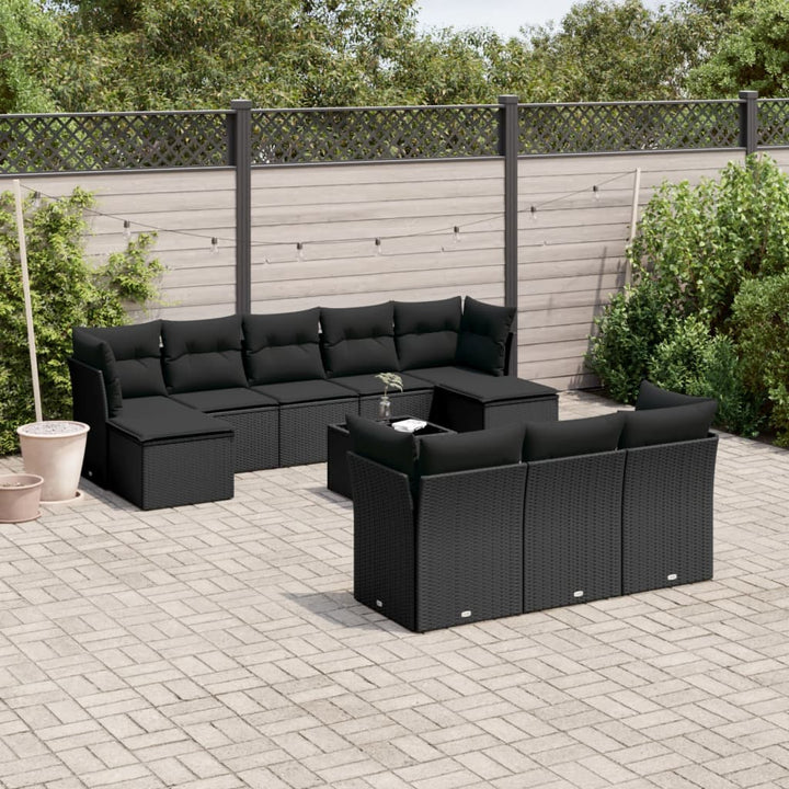 Set Canapele De Grădină Cu Perne, 11 Piese, Negru, Poliratan