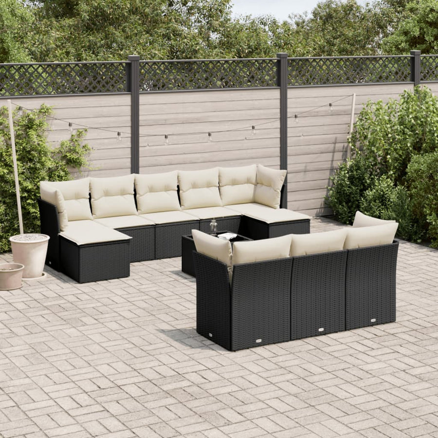 Set Canapele De Grădină Cu Perne, 11 Piese, Negru, Poliratan
