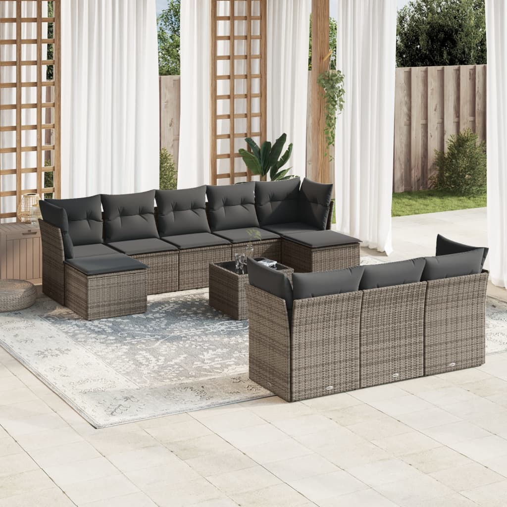 Set Canapele De Grădină Cu Perne, 11 Piese, Negru, Poliratan