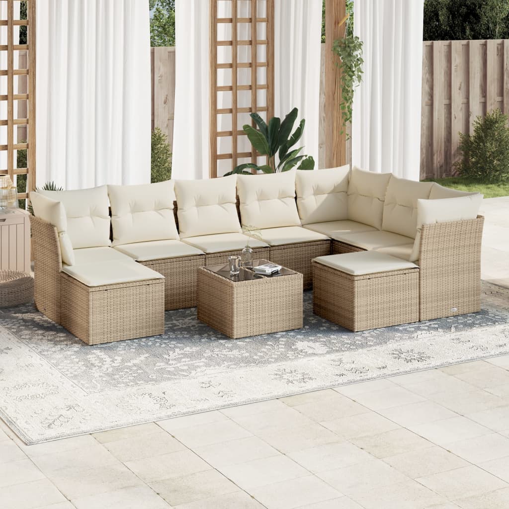 Set Canapele De Grădină, 9 Piese, Cu Perne, Bej, Poliratan