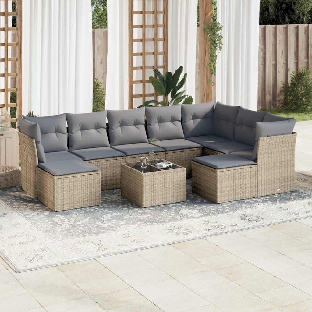 Set Canapele De Grădină, 9 Piese, Cu Perne, Bej, Poliratan