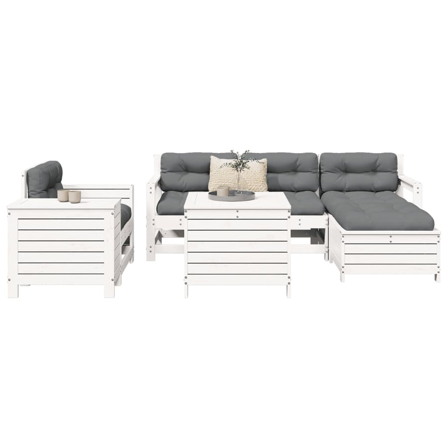 Set Canapea De Grădină, 7 Piese, Alb, Lemn Masiv De Pin