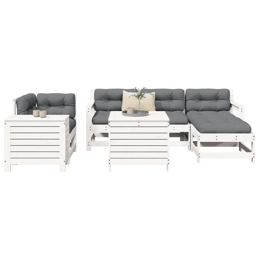 Set Canapea De Grădină, 7 Piese, Alb, Lemn Masiv De Pin