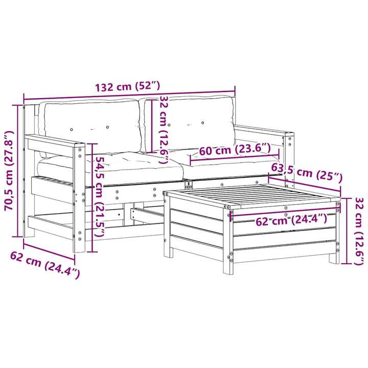 Set Mobilier Grădină Cu Perne, 3 Piese, Lemn Masiv De Pin