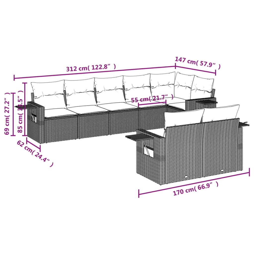 Set Mobilier De Grădină Cu Perne, 8 Piese, , Poliratan