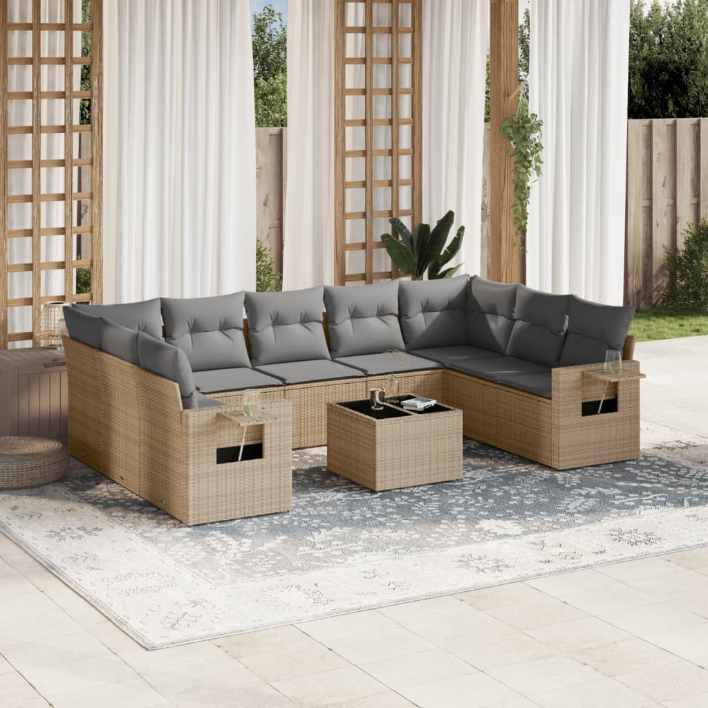 Set Canapele De Grădină, 9 Piese, Cu Perne, Bej, Poliratan
