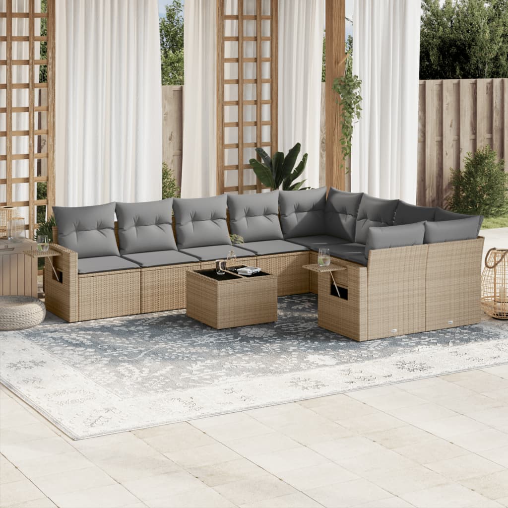 Set Canapele De Grădină, 9 Piese, Cu Perne, Bej, Poliratan