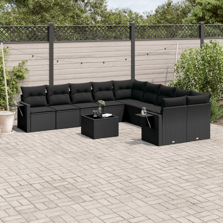 Set Canapele De Grădină Cu Perne, 10 Piese, Negru, Poliratan