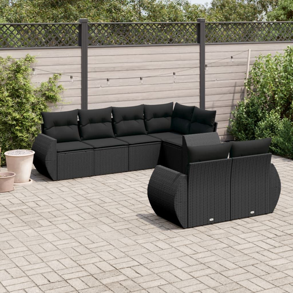 Set Canapele De Grădină Cu Perne, 7 Piese, Negru, Poliratan