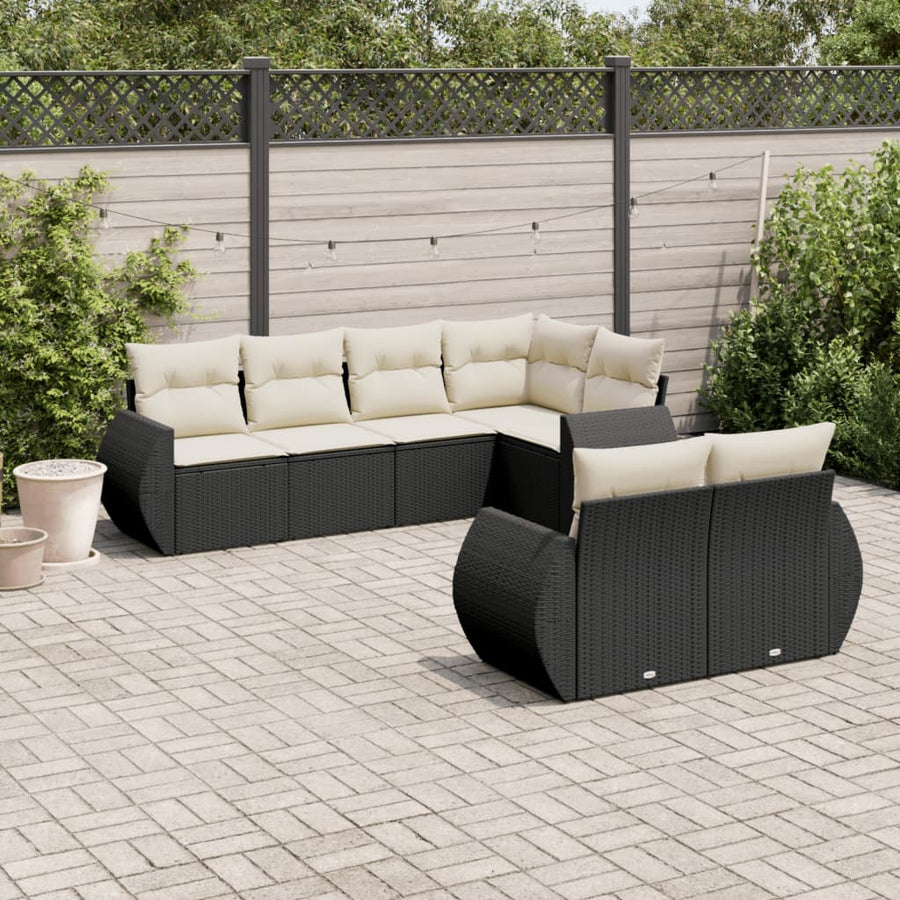 Set Canapele De Grădină Cu Perne, 7 Piese, Negru, Poliratan