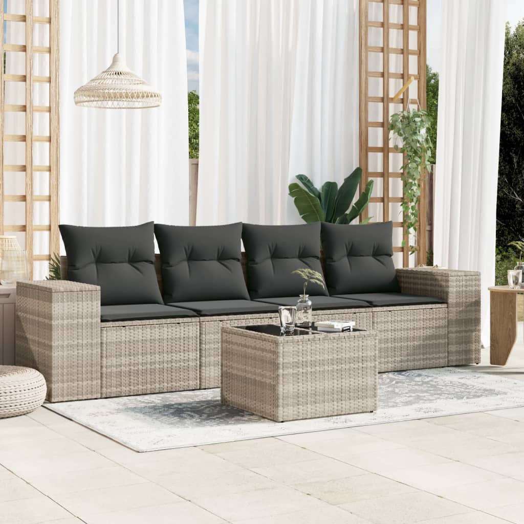 Set Canapele De Grădină Cu Perne, 5 Piese, Maro, Poliratan