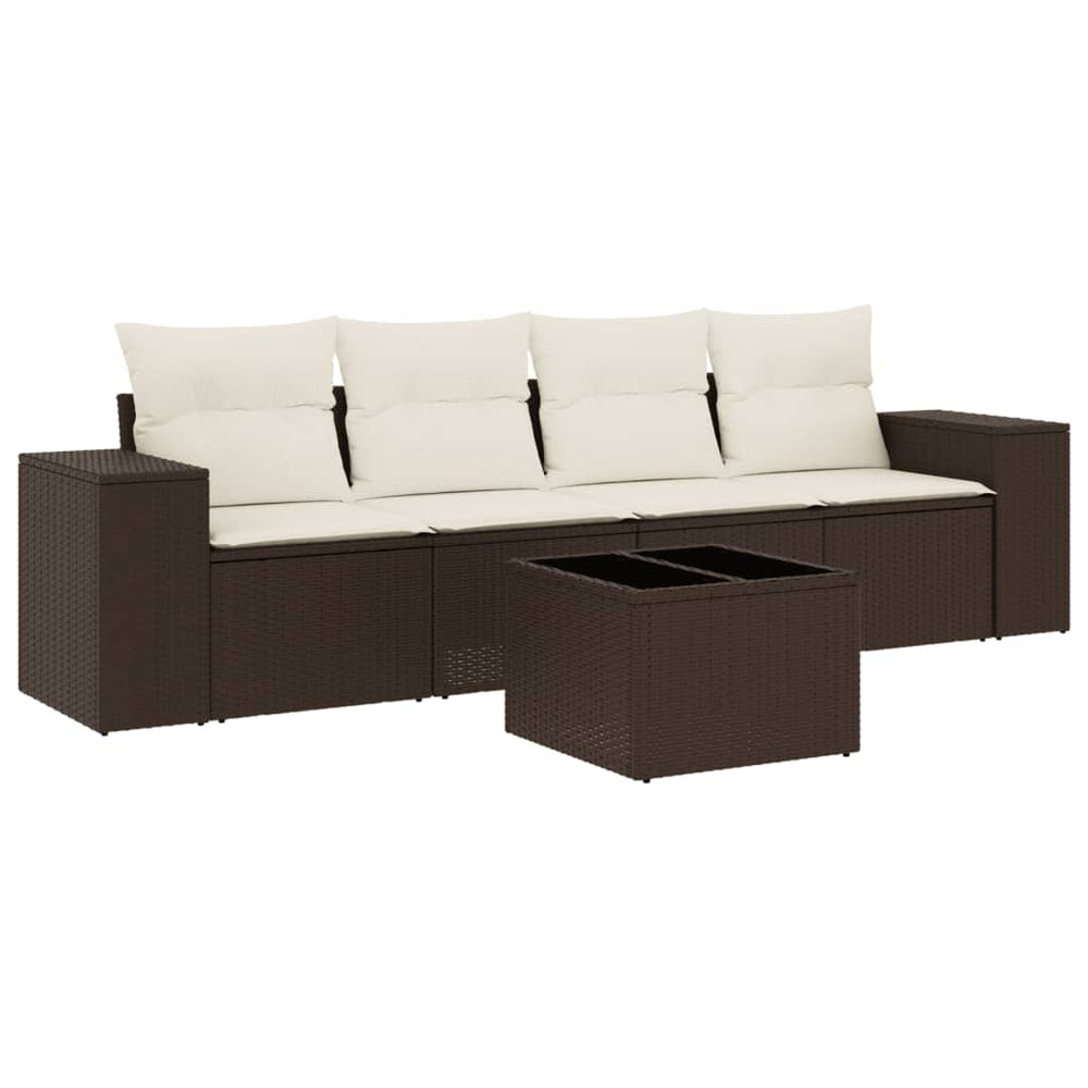 Set Canapele De Grădină Cu Perne, 5 Piese, Maro, Poliratan