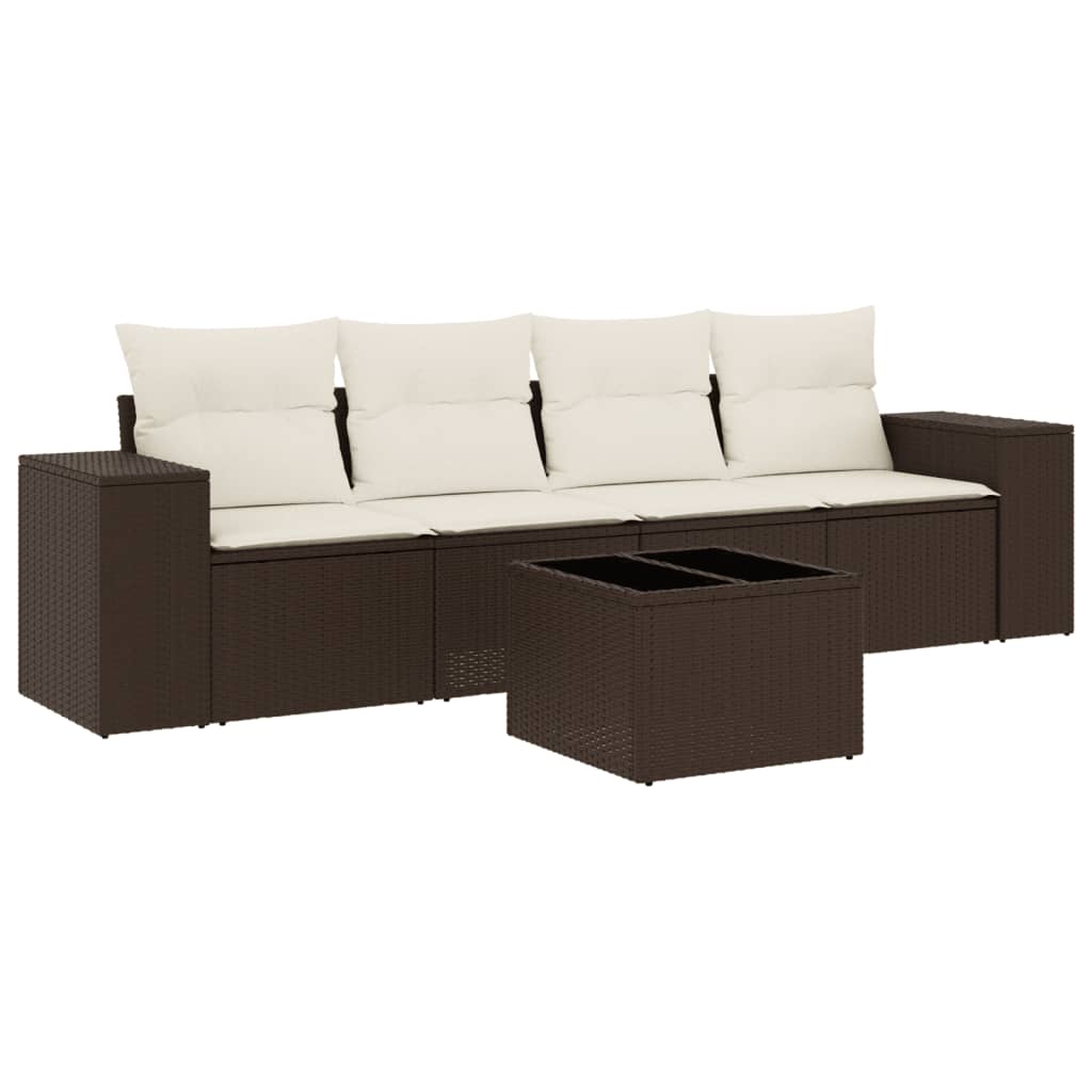 Set Canapele De Grădină Cu Perne, 5 Piese, Maro, Poliratan