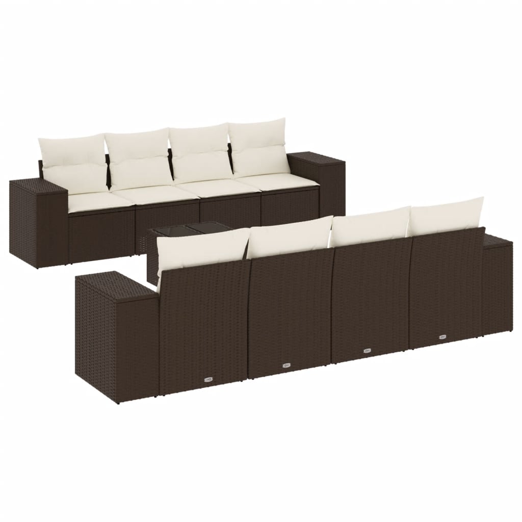 Set Canapele De Grădină Cu Perne, 9 Piese, Maro, Poliratan