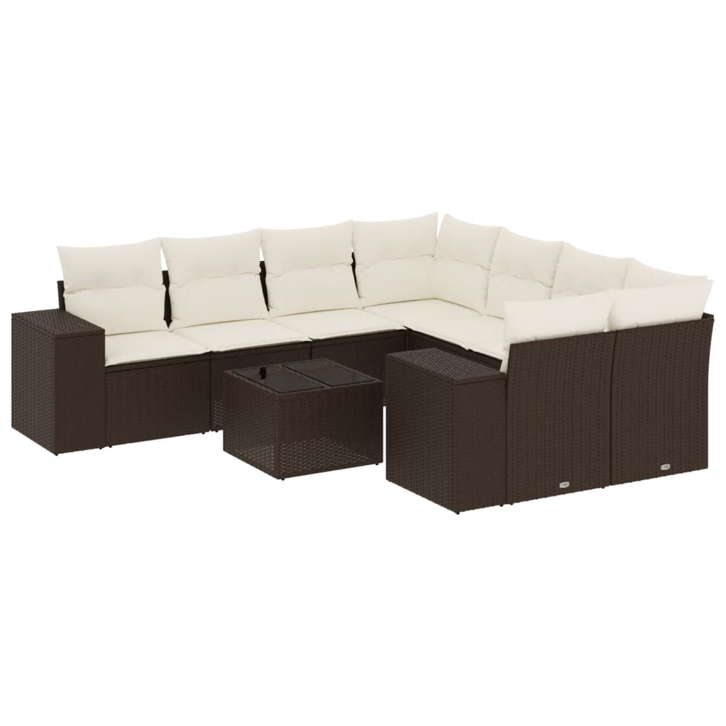 Set Canapele De Grădină Cu Perne, 9 Piese, Maro, Poliratan