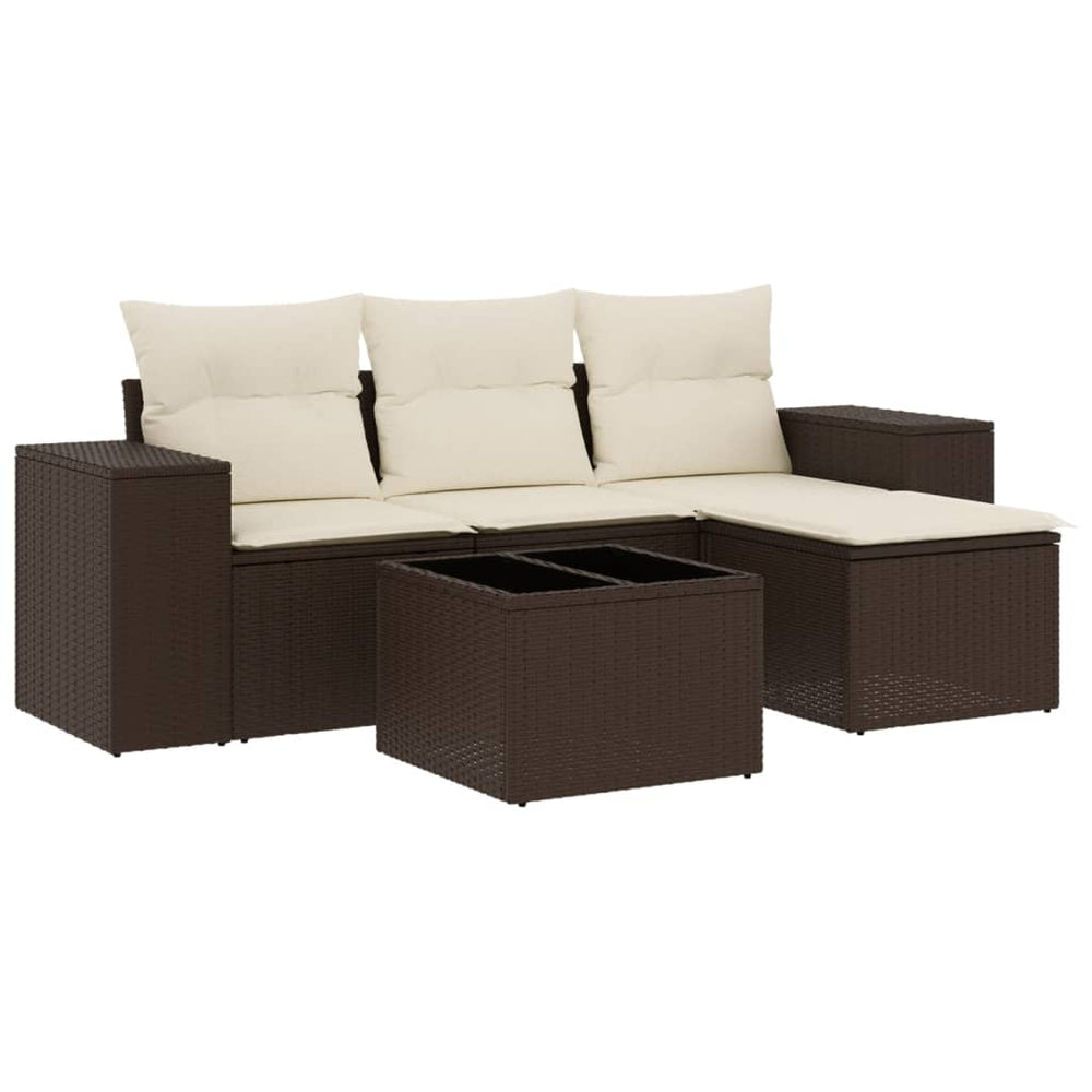 Set Canapele De Grădină Cu Perne, 5 Piese, Maro, Poliratan