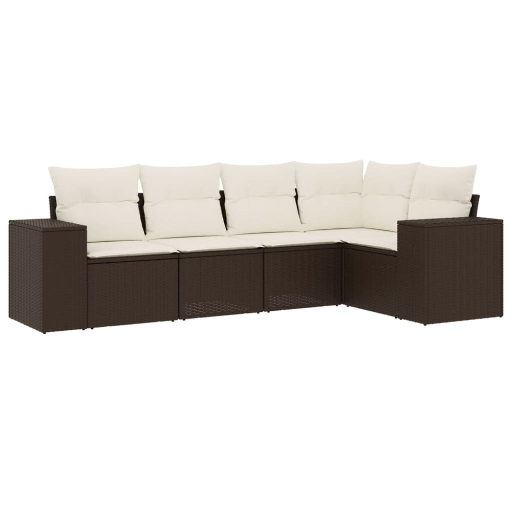 Set Canapele De Grădină Cu Perne, 5 Piese, Maro, Poliratan