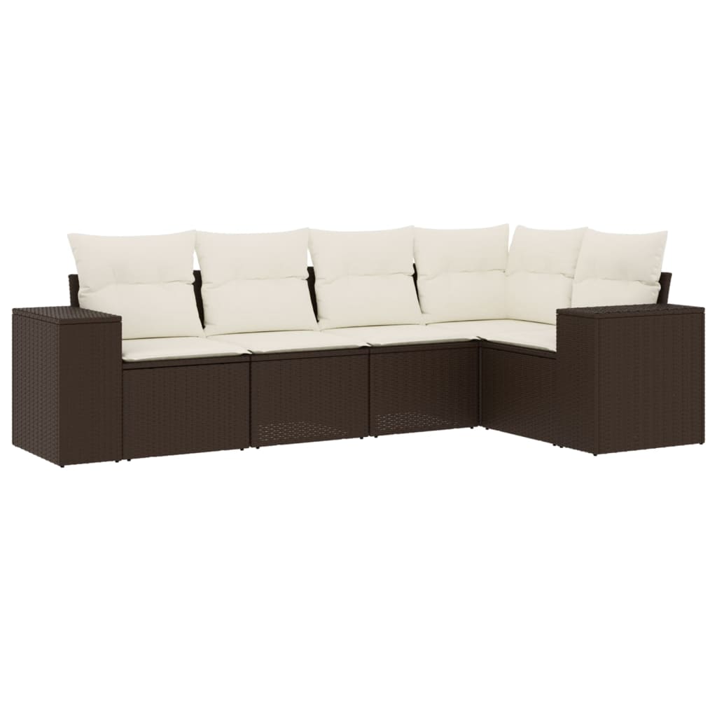 Set Canapele De Grădină Cu Perne, 5 Piese, Maro, Poliratan