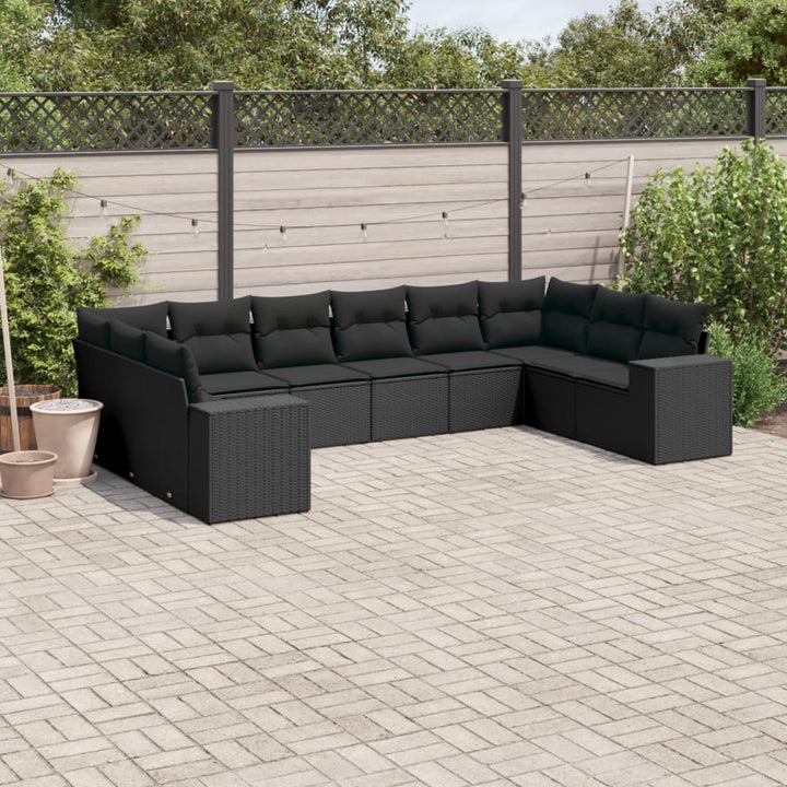 Set Canapele De Grădină Cu Perne, 11 Piese, Negru, Poliratan