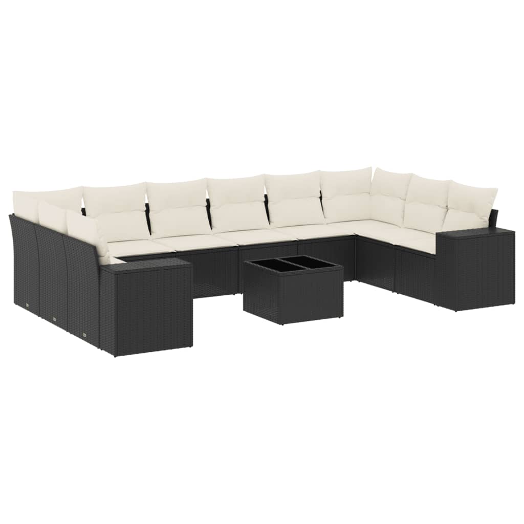 Set Canapele De Grădină Cu Perne, 11 Piese, Negru, Poliratan