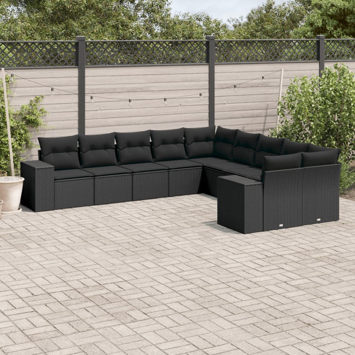 Set Canapele De Grădină Cu Perne, 10 Piese, Negru, Poliratan