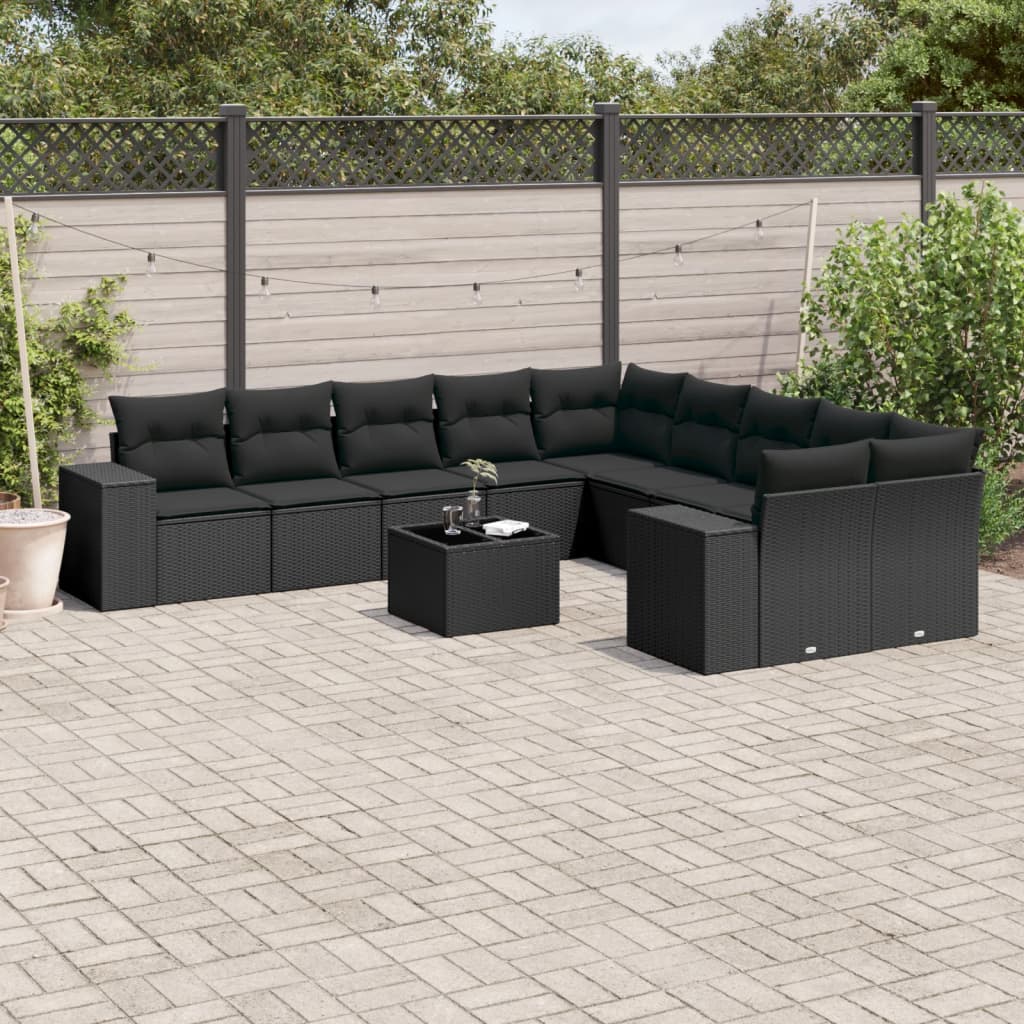 Set Canapele De Grădină Cu Perne, 10 Piese, Negru, Poliratan