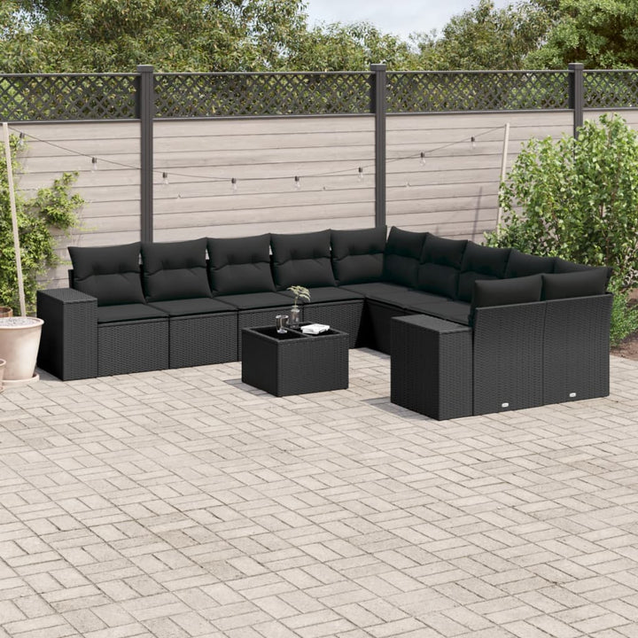 Set Canapele De Grădină Cu Perne, 10 Piese, Negru, Poliratan