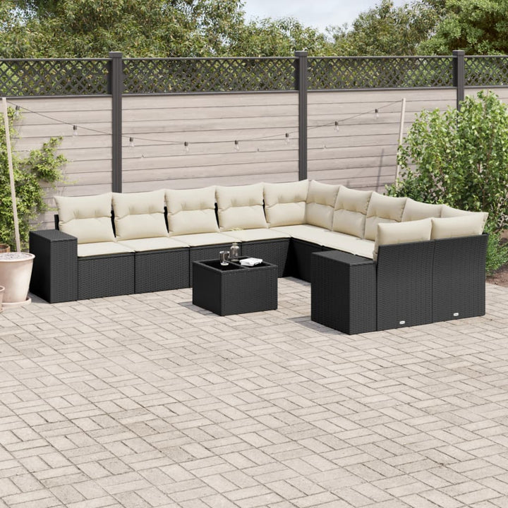Set Canapele De Grădină Cu Perne, 10 Piese, Negru, Poliratan