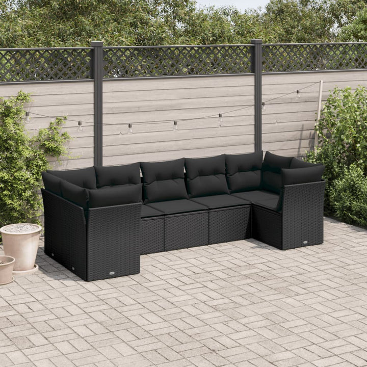Set Canapele De Grădină Cu Perne, 7 Piese, Negru, Poliratan
