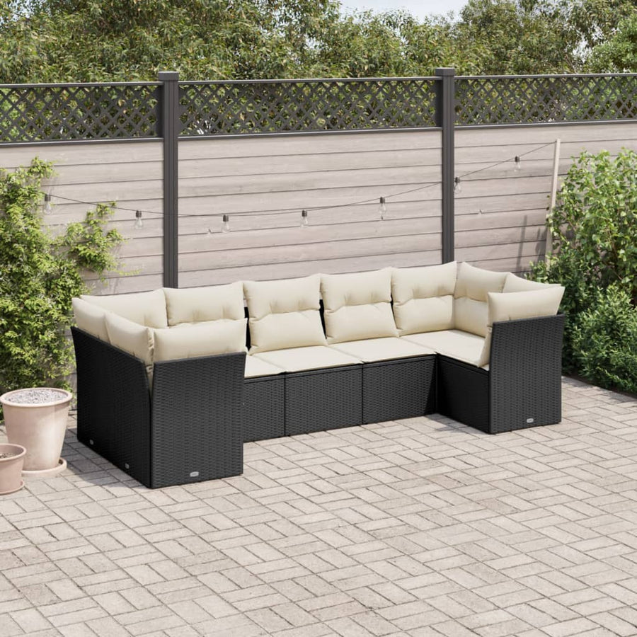 Set Canapele De Grădină Cu Perne, 7 Piese, Negru, Poliratan