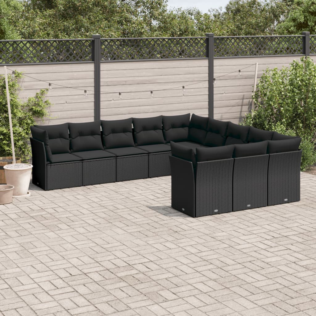 Set Canapele De Grădină Cu Perne, 11 Piese, Negru, Poliratan