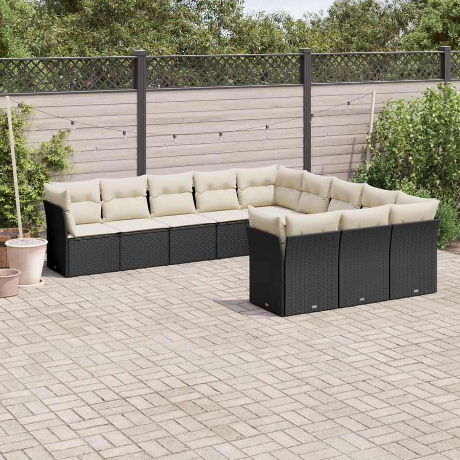 Set Canapele De Grădină Cu Perne, 11 Piese, Negru, Poliratan