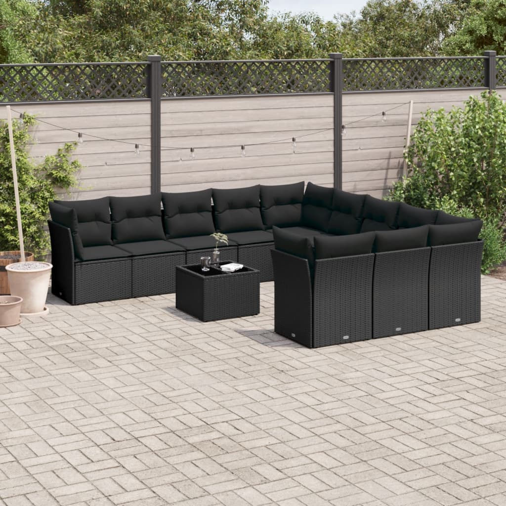Set Canapele De Grădină Cu Perne, 11 Piese, Negru, Poliratan