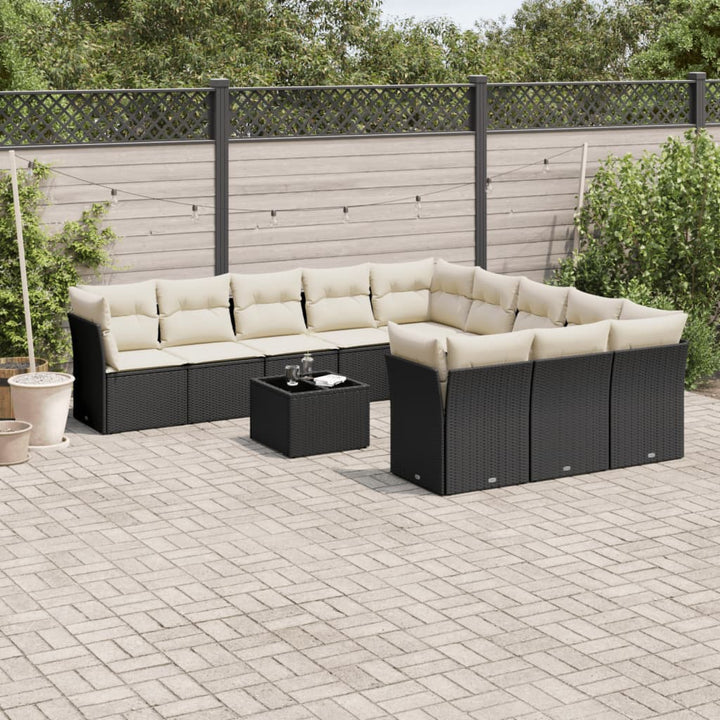 Set Canapele De Grădină Cu Perne, 11 Piese, Negru, Poliratan