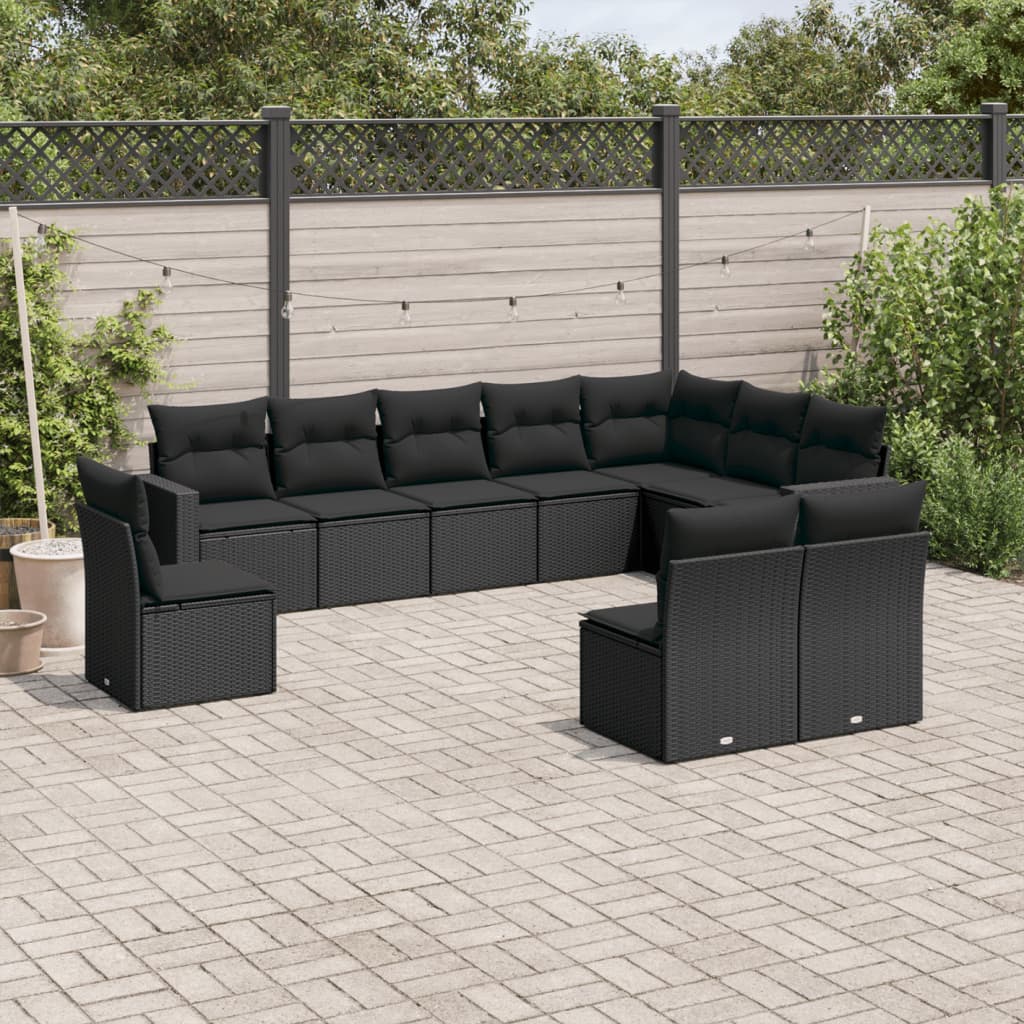 Set Canapele De Grădină Cu Perne, 10 Piese, Negru, Poliratan