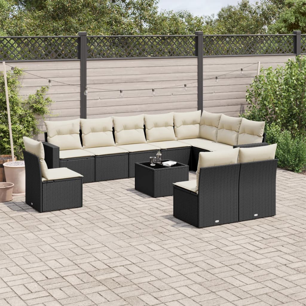 Set Canapele De Grădină Cu Perne, 10 Piese, Negru, Poliratan