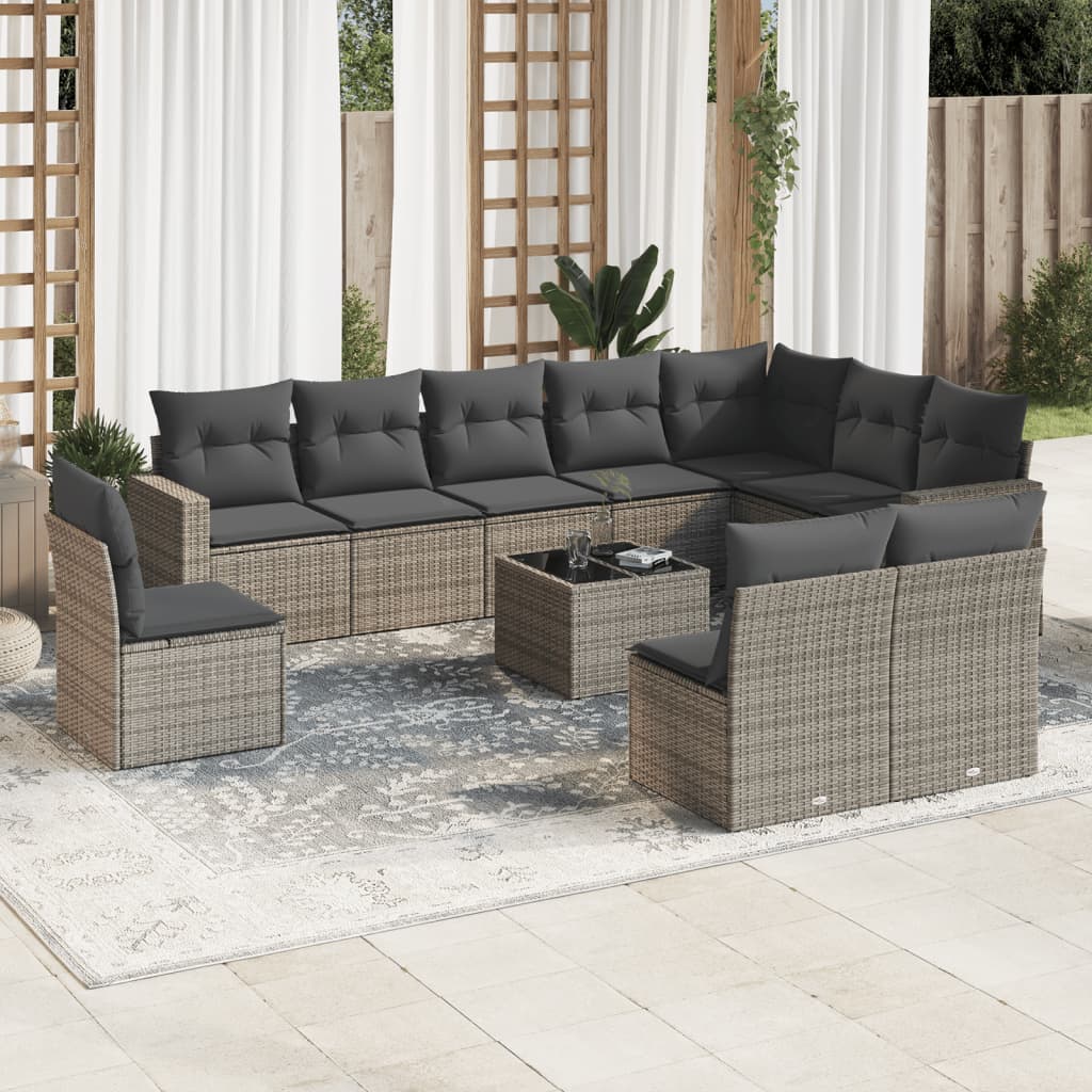 Set Canapele De Grădină Cu Perne, 10 Piese, Negru, Poliratan