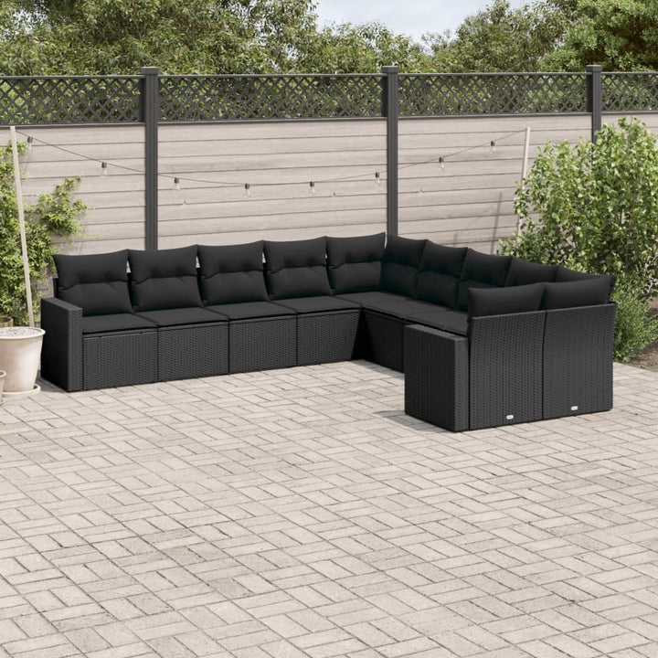 Set Canapele De Grădină Cu Perne, 10 Piese, Negru, Poliratan