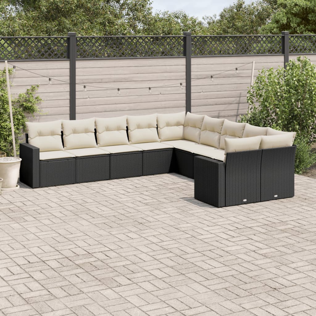 Set Canapele De Grădină Cu Perne, 10 Piese, Negru, Poliratan